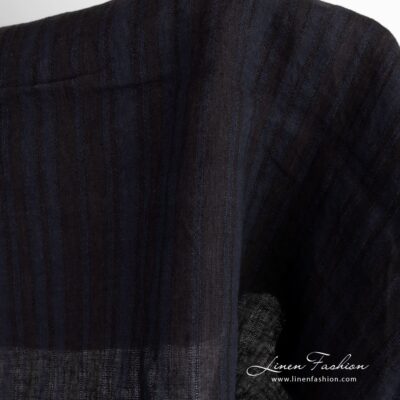 Linen fabric in black and dark blue stripes washed 7 Linen fabric in openweave stripes