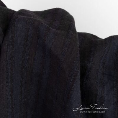 Linen fabric in black and dark blue stripes washed 8 Linen fabric in vertical openweave stripes