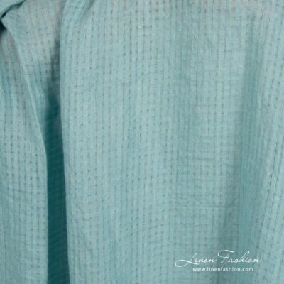 Blue green linen fabric in transparent checks, specially washed