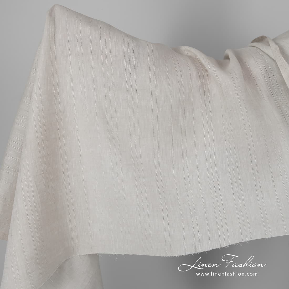 White sand color linen fabric azure stripes.