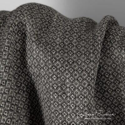 Grey linen fabric in black rhombus, perfect for clothes and home textile