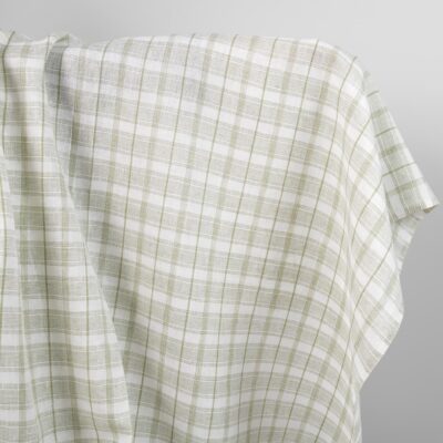 Linen fabric off-white with light olive green checks