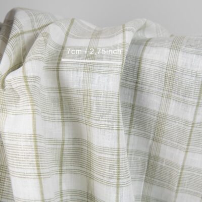 Linen fabric off-white with light olive green checks with measurements