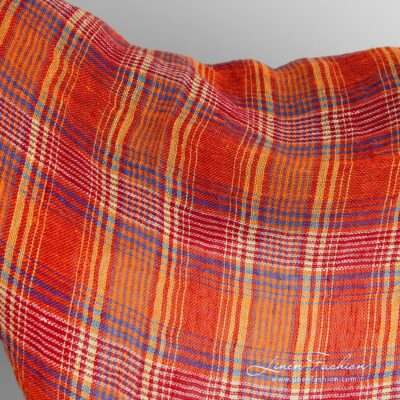 Transparent linen fabric in orange checks washed 6 100% Linen fabric in checks
