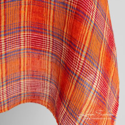 Transparent linen fabric in orange checks washed 7 Transparent linen fabric in multicolored checks