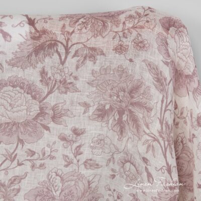 Gauzy linen fabric with printed rosy flower pattern 6 100% linen fabric with rosy flower pattern.