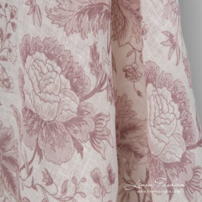 Gauzy linen fabric with printed rosy flower pattern 7 Flower patterned 100% linen fabric.