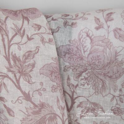 Gauzy linen fabric with printed rosy flower pattern 8 Gauzy 100% linen fabric with printed rosy flower pattern.