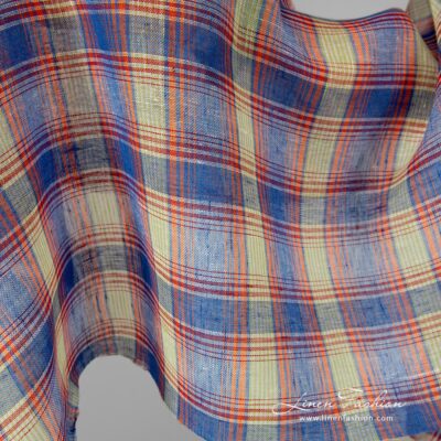 Transparent linen fabric in blue orange checks 6 Blue orange linen fabric in checks.