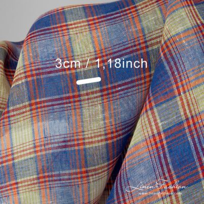 Transparent linen fabric in blue orange checks 8 Checked blue and orange linen fabric.
