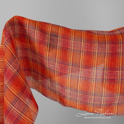 Transparent linen fabric in red orange checks 5 Transparent linen fabric in red orange checks.