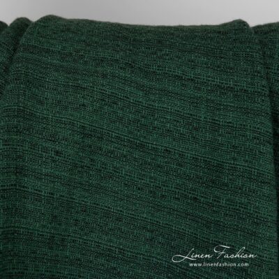 Forest green linen fabric in tweed pattern
