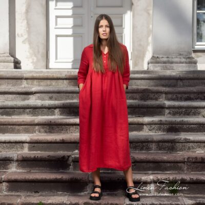 MONTANA INA Dress red 8 Long red linen dress, specially washed