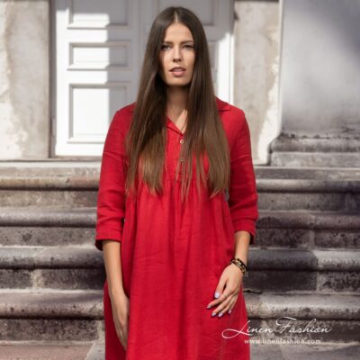 MONTANA INA Dress red 9 Red linen dress with 3/4 sleeves