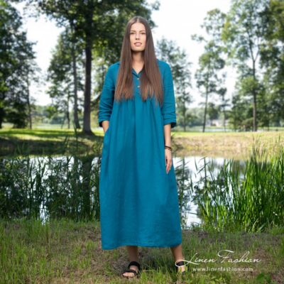MONTANA Dress dark turquoise 7 Long linen dress in widening silhouette