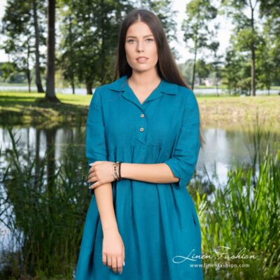MONTANA Dress dark turquoise 8 Dark turquoise linen dress with 3/4 sleeves