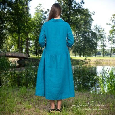 MONTANA Dress dark turquoise 9 Dark turquoise linen dress from the backside