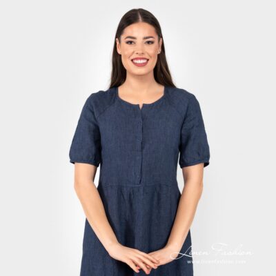 ZOE Dress dark blue 11 ZOE navy linen dress with press buttons down the neck