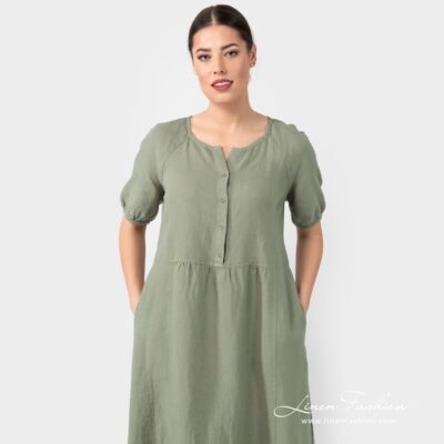 ZOE olive green linen dress with short sleeves