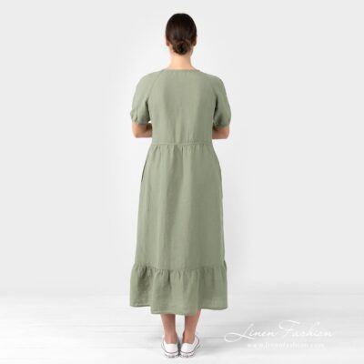 ZOE olive green linen dress from back side