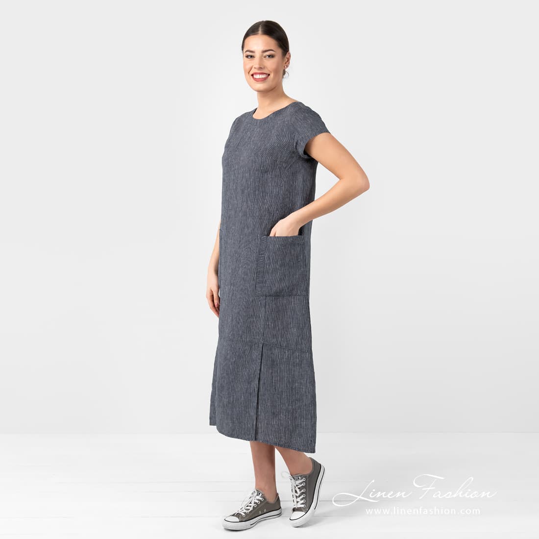 Blue Linen Dress With Slit On Side | Linen Fashion