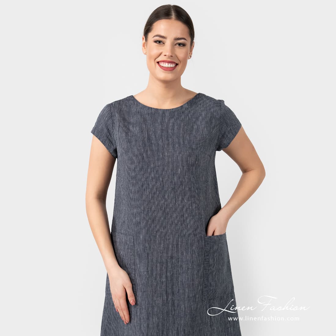 Blue Linen Dress With Slit On Side | Linen Fashion