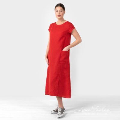 OLIVIA Dress red 11 OLIVIA scarlet red linen dress below knees