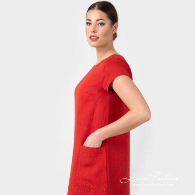 OLIVIA Dress red 10 OLIVIA scarlet red linen dress with short sleeves
