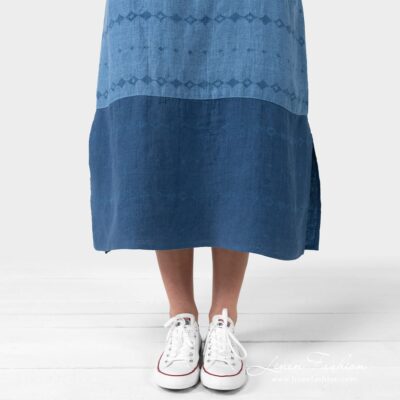 AURORA blue linen dress with wide darker stripe