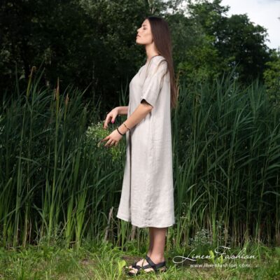 MILA Dress beige 10 Grey linen dress with short sleeves