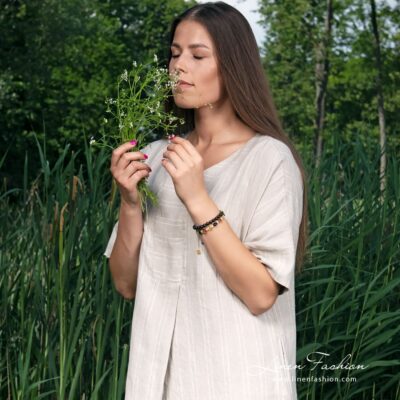 MILA Dress beige 11 Grey linen dress with narrow vertical stripes