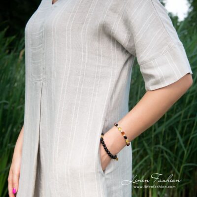 MILA Dress beige 12 Grey linen dress with pockets and pleat at front