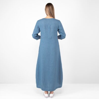 JULI Dress jeans blue 13 long jeans blue linen dress, full view backside