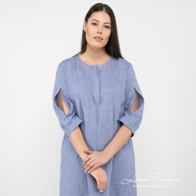 light blue linen dress with open sleeves.