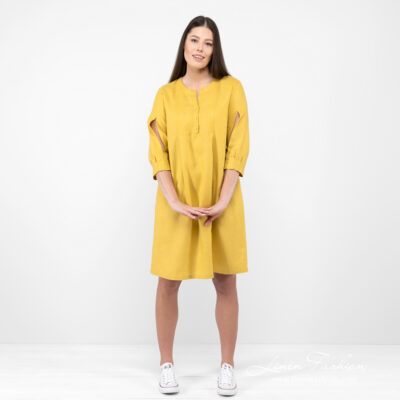 ADELAIDE Dress mustard yellow 8 Linen mustard dress,, front view.