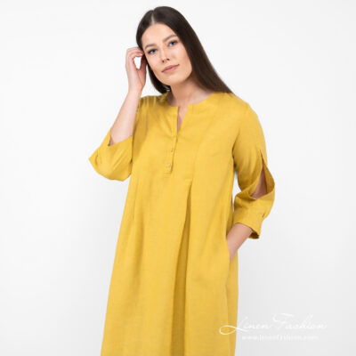 ADELAIDE Dress mustard yellow 10 Linen mustard dress rounded neck with buttons.