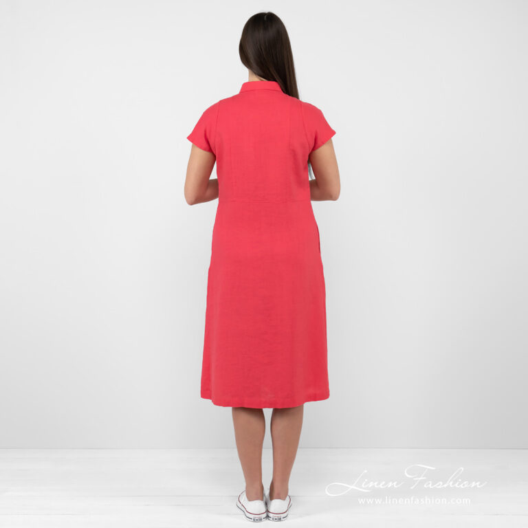 Raspberry Linen Dress Long, Widening With Folds And Buttons.
