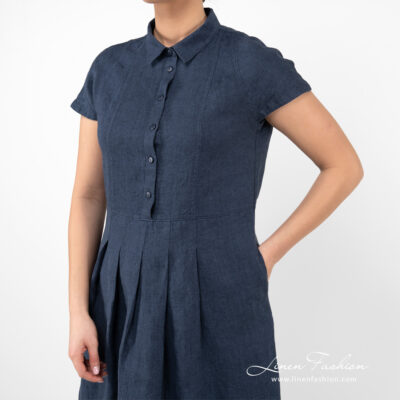 NICOLE Dress dark blue 9 long linen dark blue dress with pockets and buttons.