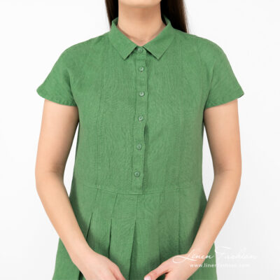 NICOLE Dress green 11 linen green long dress with collar and butoon closure.