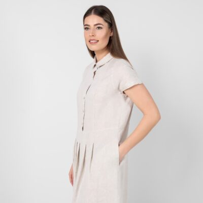 NICOLE Dress beige 12 beige midi linen dress, short sleeves