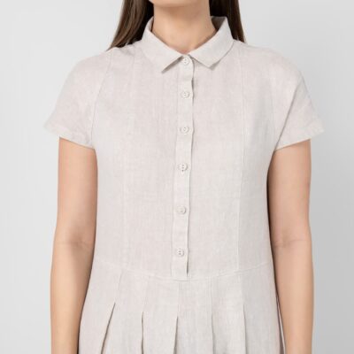 NICOLE Dress beige 11 beige midi linen dress, classic shirt collar
