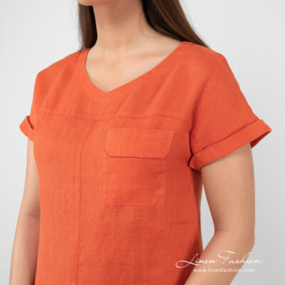 TIFANNY Dress orange 9 linen orange dress, cargo pocket.