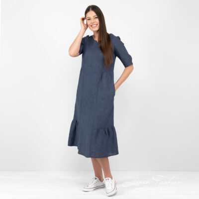 LEONA Dress dark blue 7 dark blue long linen dress with ruffles at bottom.