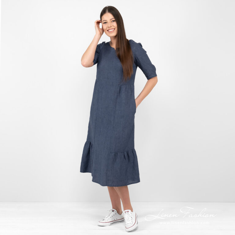 Dark Blue Long Linen Dress With Ruffles, 3/4 Sleeves, Washed Dark Blue Long Linen Dress With Ruffles, 3/4 Sleeves, Washed