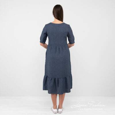 LEONA Dress dark blue 10 dark blue long linen dress from backside.