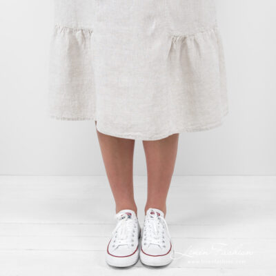 LEONA Dress beige 9 beige long linen dress with ruffles at bottom.