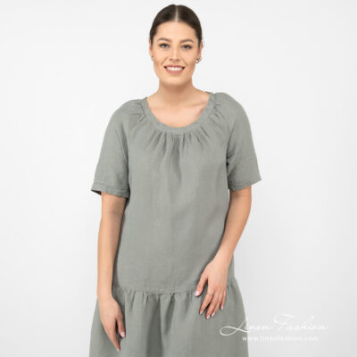 MEIRA Dress green 9 linen wide green dress with ruffles.