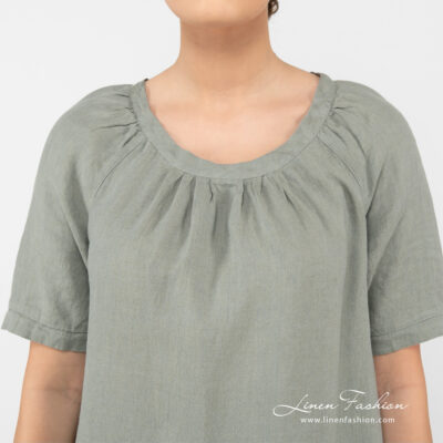 MEIRA Dress green 11 linen wide green dress with raglan sleeves.