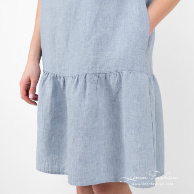 MEIRA Dress blue 11 linen blue dress with pockets at sides.