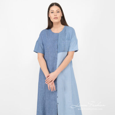 ALANA Dress blue 8 linen long blue shades dress, short sleeves.